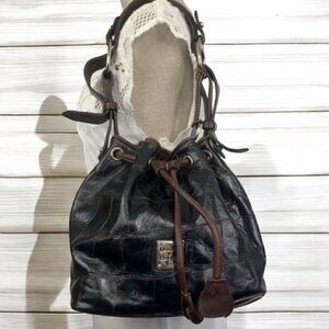Dooney & Bourke Croc Embossed Leather Drawstring Shoulder Bag-Brown 10”W x 10”H